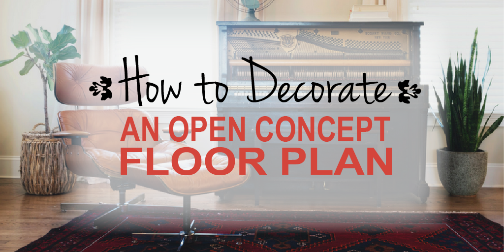 How to decorate an open space floor plan - feature image with open concept house area rug and piano with chair